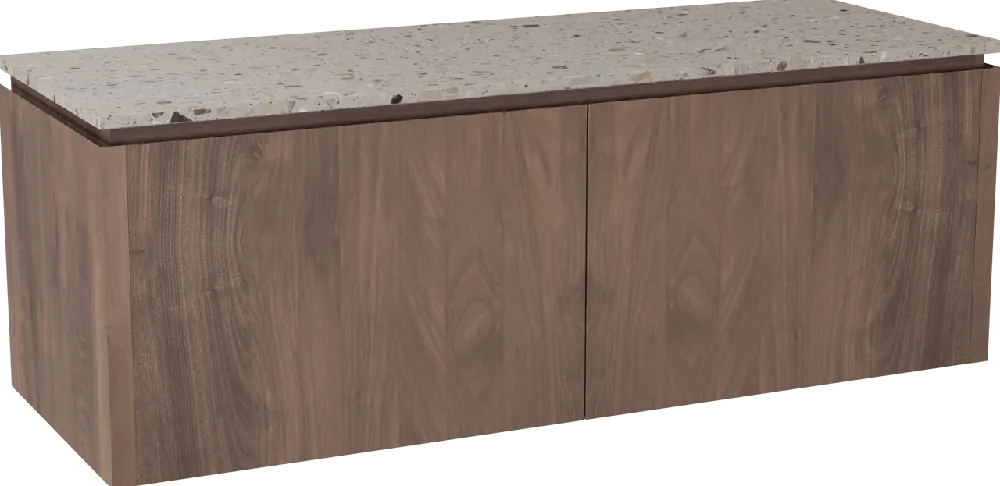 Balmani Eclips meuble salle de bains suspendu 150 x 55 cm Noyer américain avec Stretto tablette simple ou double vasque en Terrazzo greige