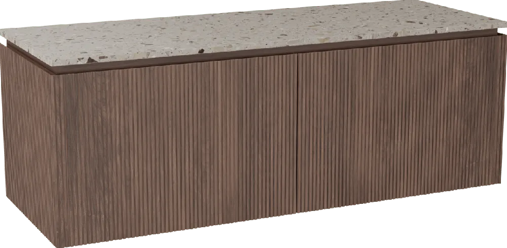 Balmani Eclips meuble salle de bains suspendu 150 x 55 cm Noyer américain avec Stretto tablette simple ou double vasque en Terrazzo greige, Nervure droite symétrique verticale