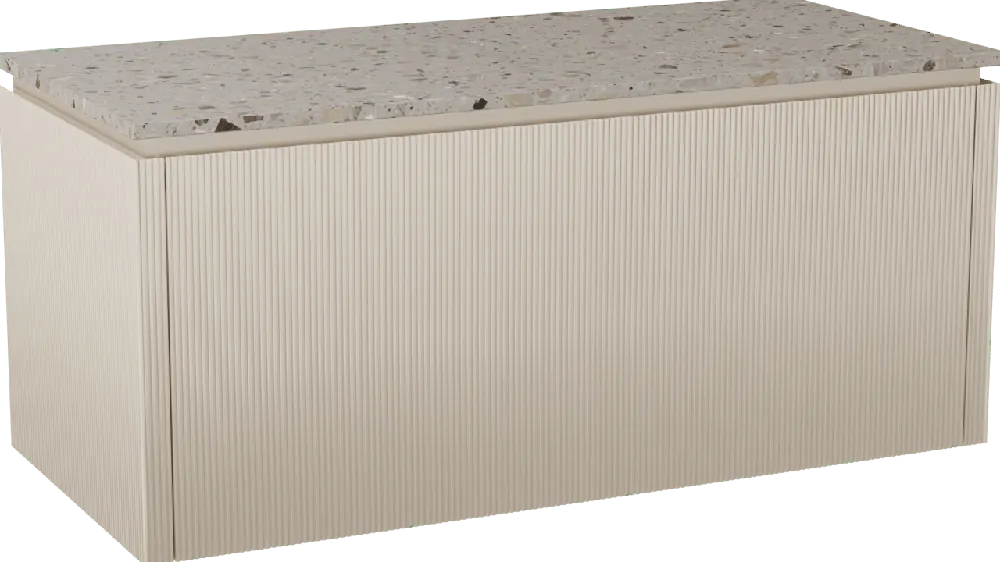 Balmani Eclips meuble salle de bains suspendu 120 x 55 cm Sandbeige avec Stretto tablette simple ou double vasque en Terrazzo greige, Nervure droite symétrique verticale