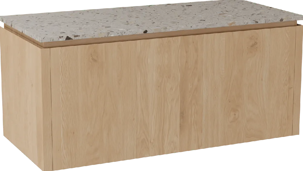 Balmani Eclips meuble salle de bains suspendu 120 x 55 cm Chêne naturelle avec Stretto tablette simple ou double vasque en Terrazzo greige