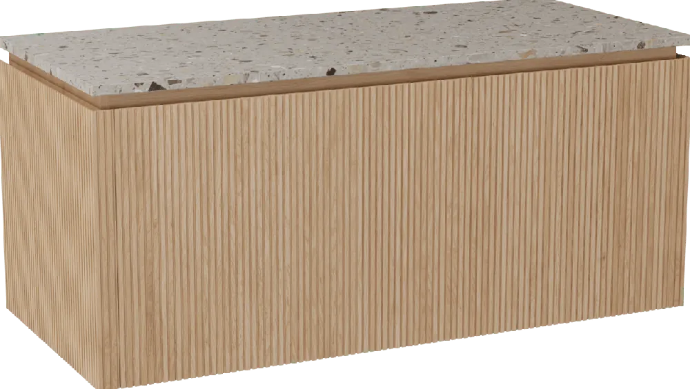 Balmani Eclips meuble salle de bains suspendu 120 x 55 cm Chêne naturelle avec Stretto tablette simple ou double vasque en Terrazzo greige, Nervure droite symétrique verticale