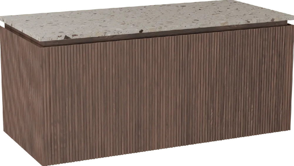 Balmani Eclips meuble salle de bains suspendu 120 x 55 cm Noyer américain avec Stretto tablette simple ou double vasque en Terrazzo greige, Nervure droite symétrique verticale