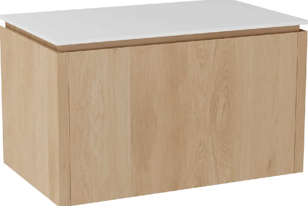 Balmani Eclips meuble salle de bains suspendu 90 x 55 cm Chêne naturelle avec Stretto tablette simple en Solid Surface blanc mat