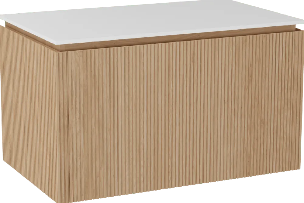 Balmani Eclips meuble salle de bains suspendu 90 x 55 cm Chêne naturelle avec Stretto tablette simple en Solid Surface blanc mat, Nervure droite symétrique verticale