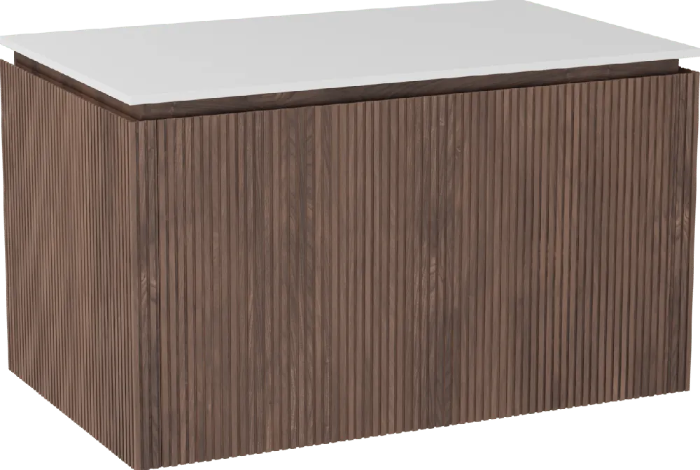 Balmani Eclips meuble salle de bains suspendu 90 x 55 cm Noyer américain avec Stretto tablette simple en Solid Surface blanc mat, Nervure droite symétrique verticale