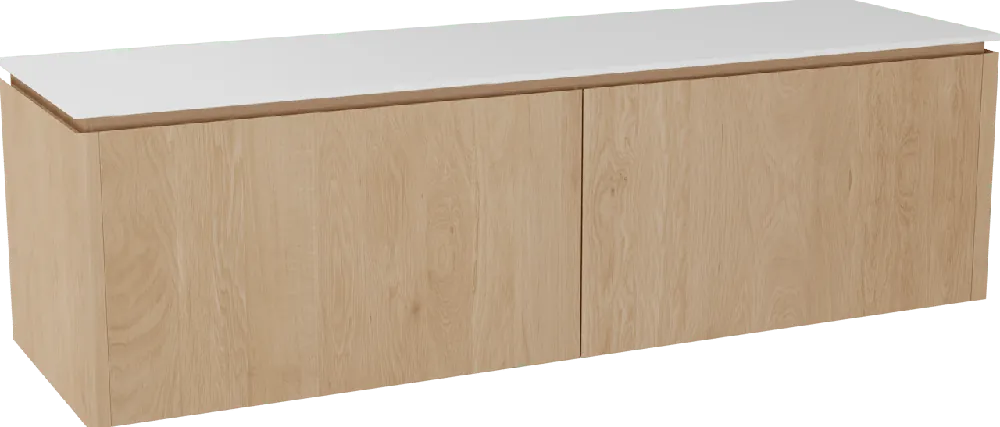 Balmani Eclips meuble salle de bains suspendu 180 x 55 cm Chêne naturelle avec Stretto tablette simple ou double vasque en Solid Surface blanc mat