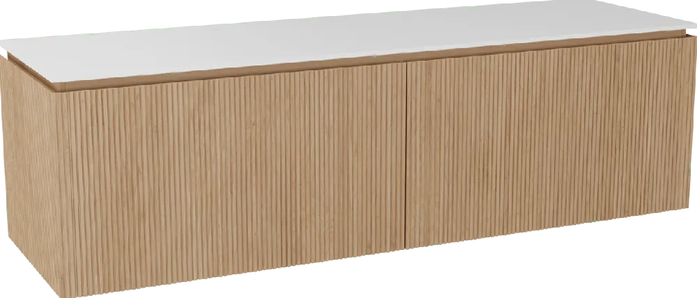 Balmani Eclips meuble salle de bains suspendu 180 x 55 cm Chêne naturelle avec Stretto tablette simple ou double vasque en Solid Surface blanc mat, Nervure droite symétrique verticale
