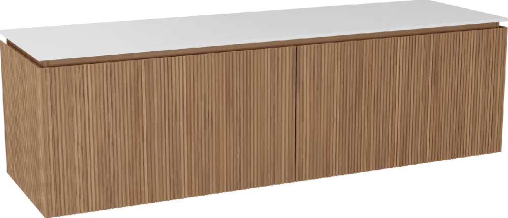 Balmani Eclips meuble salle de bains suspendu 180 x 55 cm Teck avec Stretto tablette simple ou double vasque en Solid Surface blanc mat, Nervure droite symétrique verticale