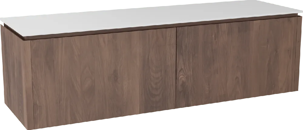 Balmani Eclips meuble salle de bains suspendu 180 x 55 cm Noyer américain avec Stretto tablette simple ou double vasque en Solid Surface blanc mat