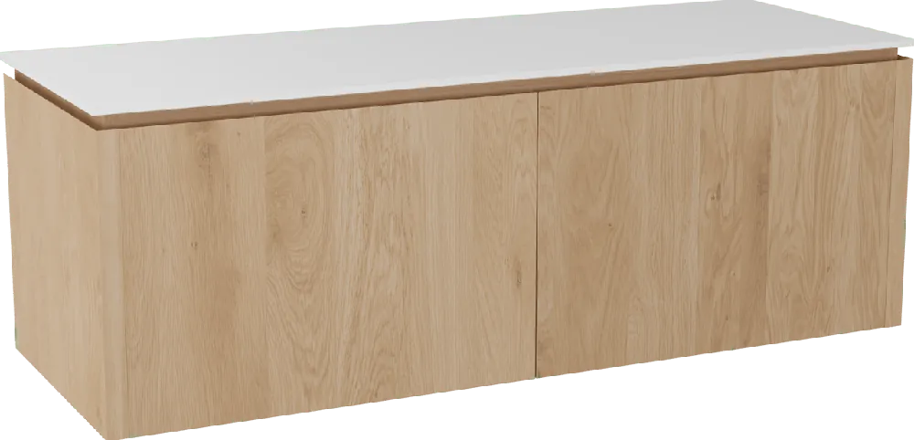 Balmani Eclips meuble salle de bains suspendu 150 x 55 cm Chêne naturelle avec Stretto tablette simple ou double vasque en Solid Surface blanc mat