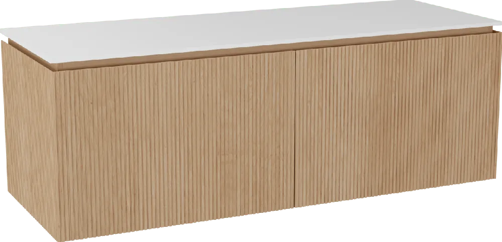 Balmani Eclips meuble salle de bains suspendu 150 x 55 cm Chêne naturelle avec Stretto tablette simple ou double vasque en Solid Surface blanc mat, Nervure droite symétrique verticale