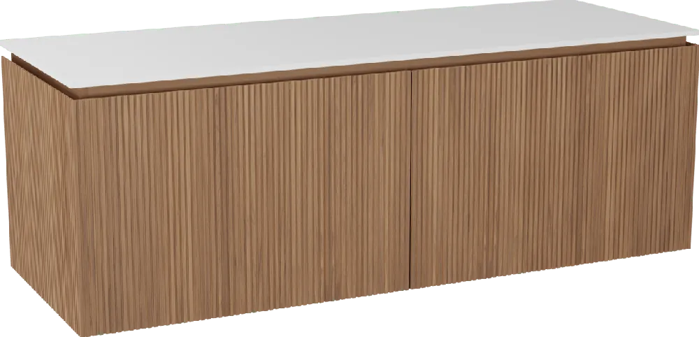 Balmani Eclips meuble salle de bains suspendu 150 x 55 cm Teck avec Stretto tablette simple ou double vasque en Solid Surface blanc mat, Nervure droite symétrique verticale