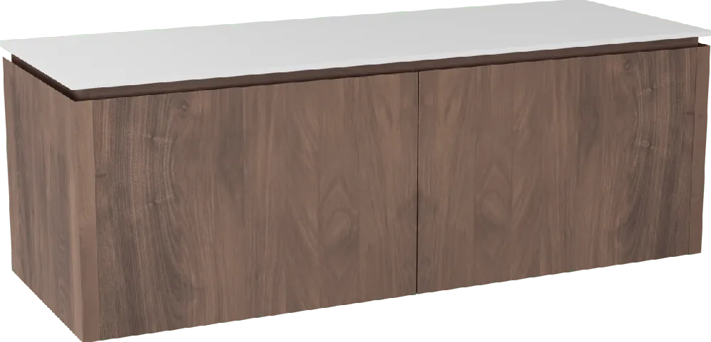 Balmani Eclips meuble salle de bains suspendu 150 x 55 cm Noyer américain avec Stretto tablette simple ou double vasque en Solid Surface blanc mat