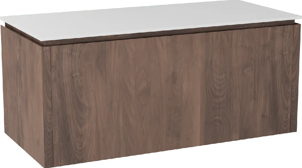 Balmani Eclips meuble salle de bains suspendu 120 x 55 cm Noyer américain avec Stretto tablette simple ou double vasque en Solid Surface blanc mat