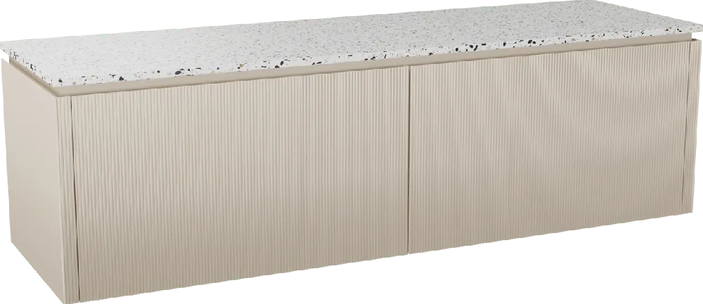Balmani Eclips meuble salle de bains suspendu 180 x 55 cm Sandbeige avec Stretto tablette simple ou double vasque en Bianco Nero Terrazzo, Nervure droite symétrique verticale