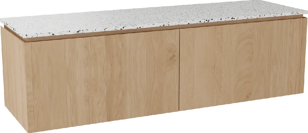 Balmani Eclips meuble salle de bains suspendu 180 x 55 cm Chêne naturelle avec Stretto tablette simple ou double vasque en Bianco Nero Terrazzo