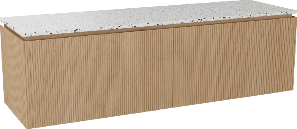 Balmani Eclips meuble salle de bains suspendu 180 x 55 cm Chêne naturelle avec Stretto tablette simple ou double vasque en Bianco Nero Terrazzo, Nervure droite symétrique verticale