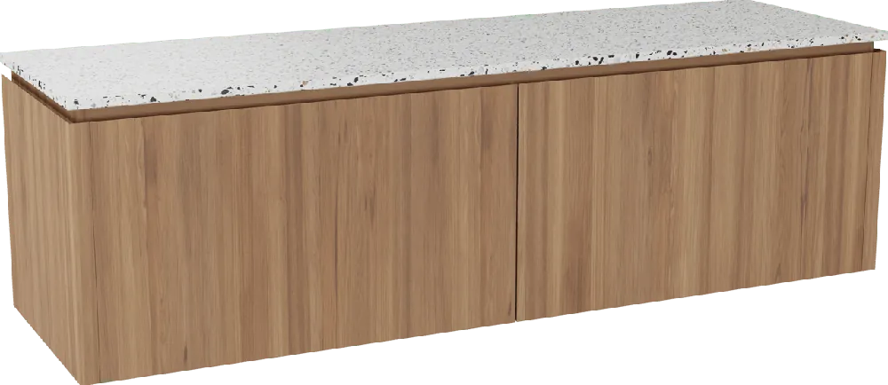 Balmani Eclips meuble salle de bains suspendu 180 x 55 cm Teck avec Stretto tablette simple ou double vasque en Bianco Nero Terrazzo