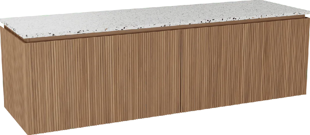 Balmani Eclips meuble salle de bains suspendu 180 x 55 cm Teck avec Stretto tablette simple ou double vasque en Bianco Nero Terrazzo, Nervure droite symétrique verticale