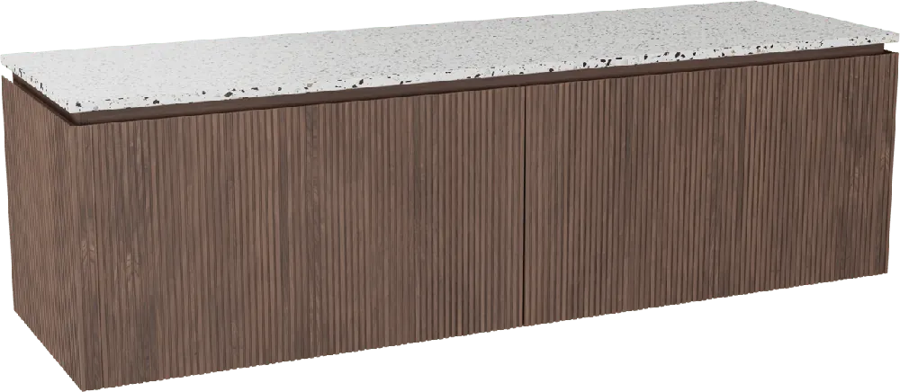 Balmani Eclips meuble salle de bains suspendu 180 x 55 cm Noyer américain avec Stretto tablette simple ou double vasque en Bianco Nero Terrazzo, Nervure droite symétrique verticale