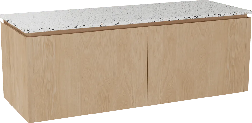 Balmani Eclips meuble salle de bains suspendu 150 x 55 cm Chêne naturelle avec Stretto tablette simple ou double vasque en Bianco Nero Terrazzo