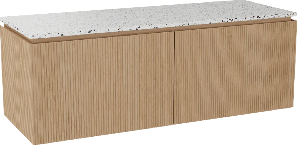 Balmani Eclips meuble salle de bains suspendu 150 x 55 cm Chêne naturelle avec Stretto tablette simple ou double vasque en Bianco Nero Terrazzo, Nervure droite symétrique verticale