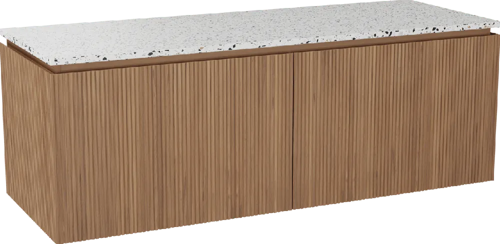 Balmani Eclips meuble salle de bains suspendu 150 x 55 cm Teck avec Stretto tablette simple ou double vasque en Bianco Nero Terrazzo, Nervure droite symétrique verticale