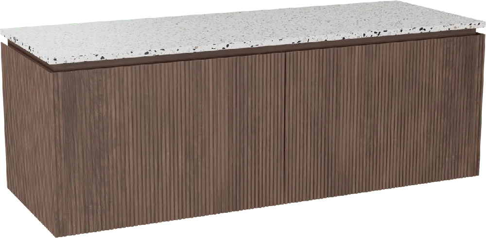 Balmani Eclips meuble salle de bains suspendu 150 x 55 cm Noyer américain avec Stretto tablette simple ou double vasque en Bianco Nero Terrazzo, Nervure droite symétrique verticale