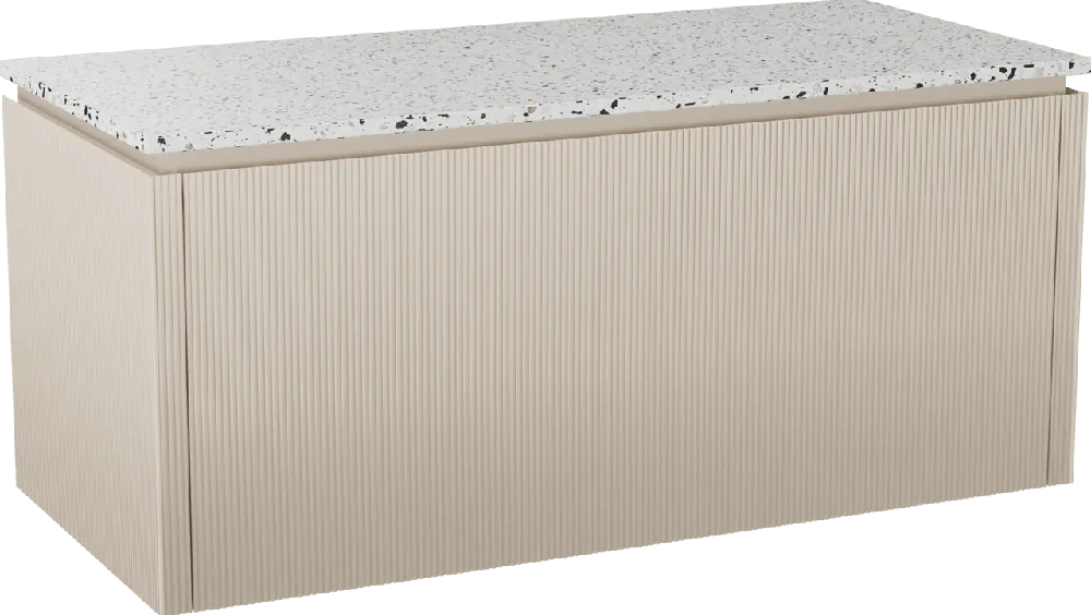 Balmani Eclips meuble salle de bains suspendu 120 x 55 cm Sandbeige avec Stretto tablette simple ou double vasque en Bianco Nero Terrazzo, Nervure droite symétrique verticale