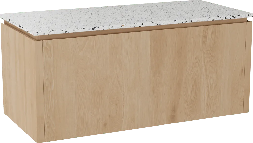 Balmani Eclips meuble salle de bains suspendu 120 x 55 cm Chêne naturelle avec Stretto tablette simple ou double vasque en Bianco Nero Terrazzo