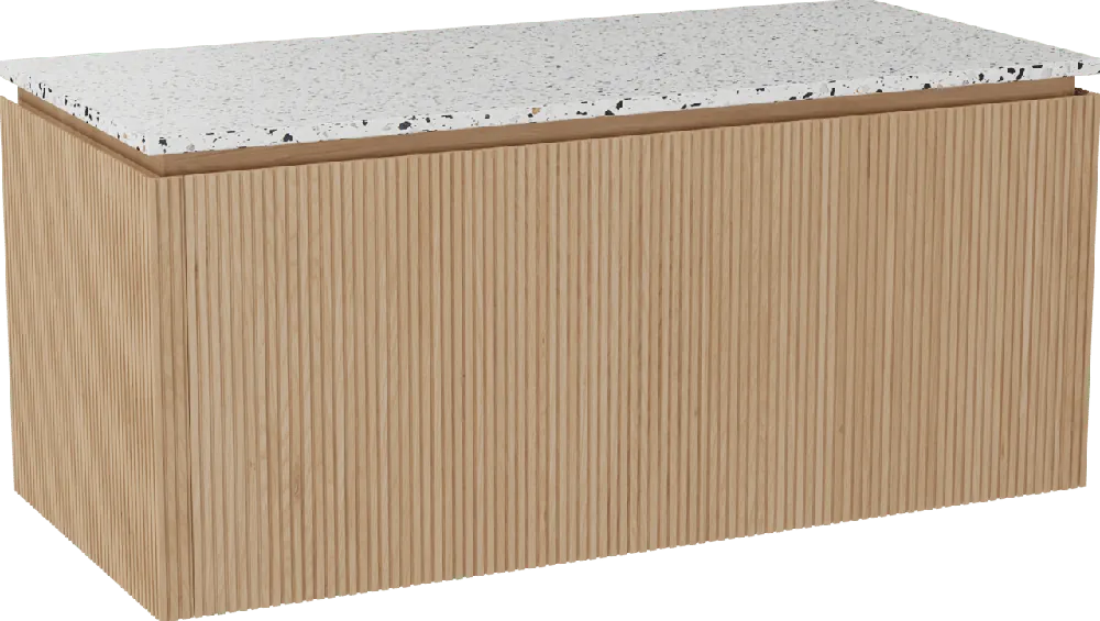 Balmani Eclips meuble salle de bains suspendu 120 x 55 cm Chêne naturelle avec Stretto tablette simple ou double vasque en Bianco Nero Terrazzo, Nervure droite symétrique verticale