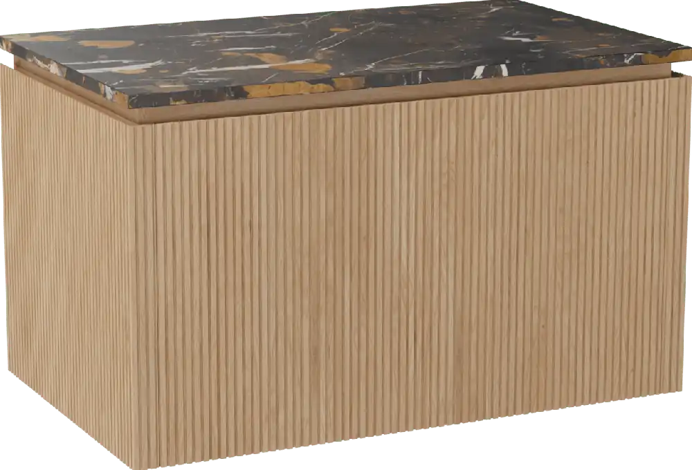 Balmani Eclips meuble salle de bains suspendu 90 x 55 cm Chêne naturelle avec Stretto tablette simple en Portoro Gold marbre, Nervure droite symétrique verticale