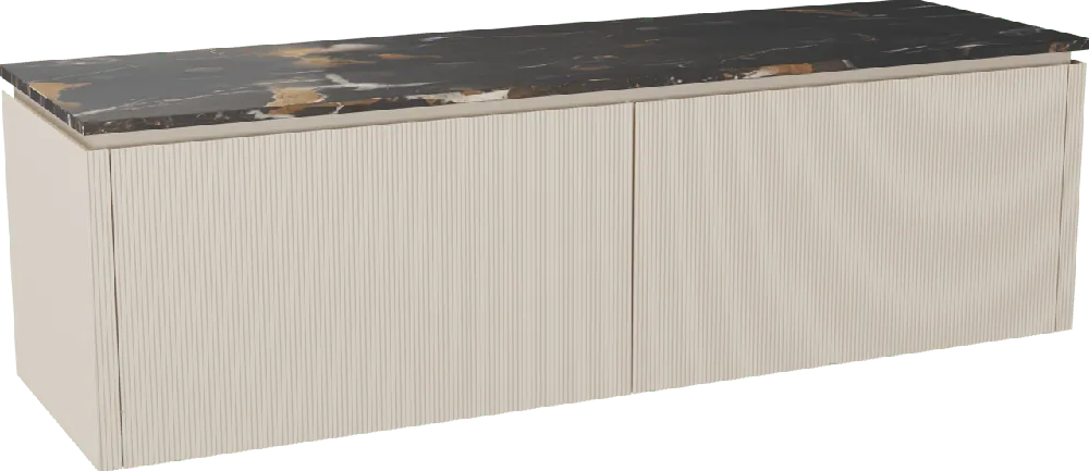 Balmani Eclips meuble salle de bains suspendu 180 x 55 cm Sandbeige avec Stretto tablette simple ou double vasque en Portoro Gold marbre, Nervure droite symétrique verticale