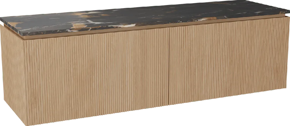 Balmani Eclips meuble salle de bains suspendu 180 x 55 cm Chêne naturelle avec Stretto tablette simple ou double vasque en Portoro Gold marbre, Nervure droite symétrique verticale