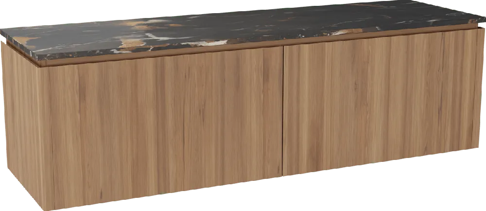 Balmani Eclips meuble salle de bains suspendu 180 x 55 cm Teck avec Stretto tablette simple ou double vasque en Portoro Gold marbre