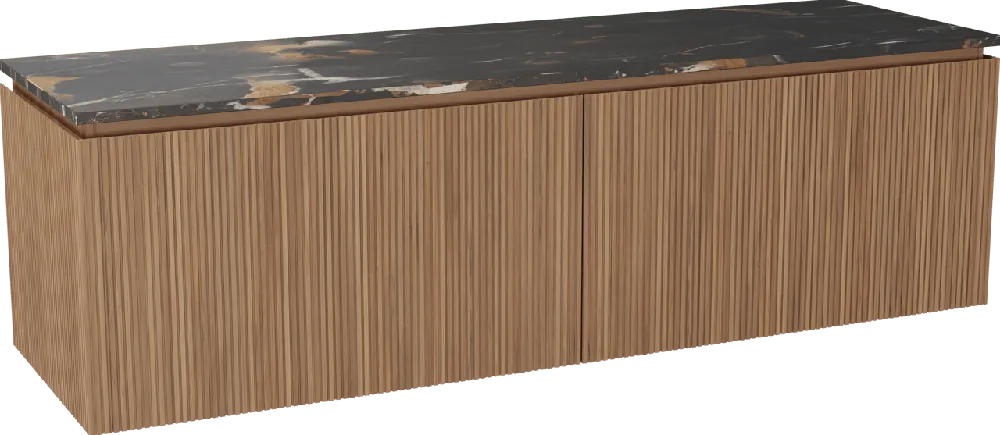 Balmani Eclips meuble salle de bains suspendu 180 x 55 cm Teck avec Stretto tablette simple ou double vasque en Portoro Gold marbre, Nervure droite symétrique verticale