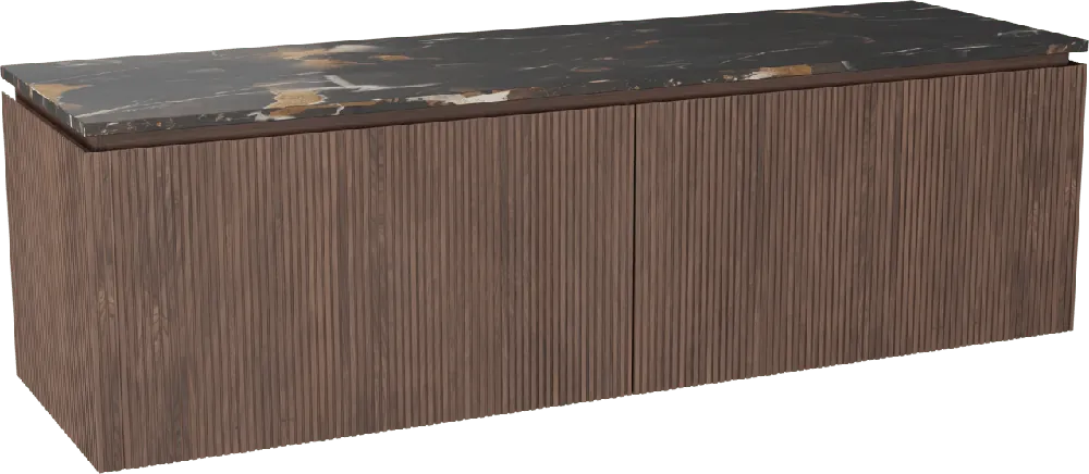 Balmani Eclips meuble salle de bains suspendu 180 x 55 cm Noyer américain avec Stretto tablette simple ou double vasque en Portoro Gold marbre, Nervure droite symétrique verticale