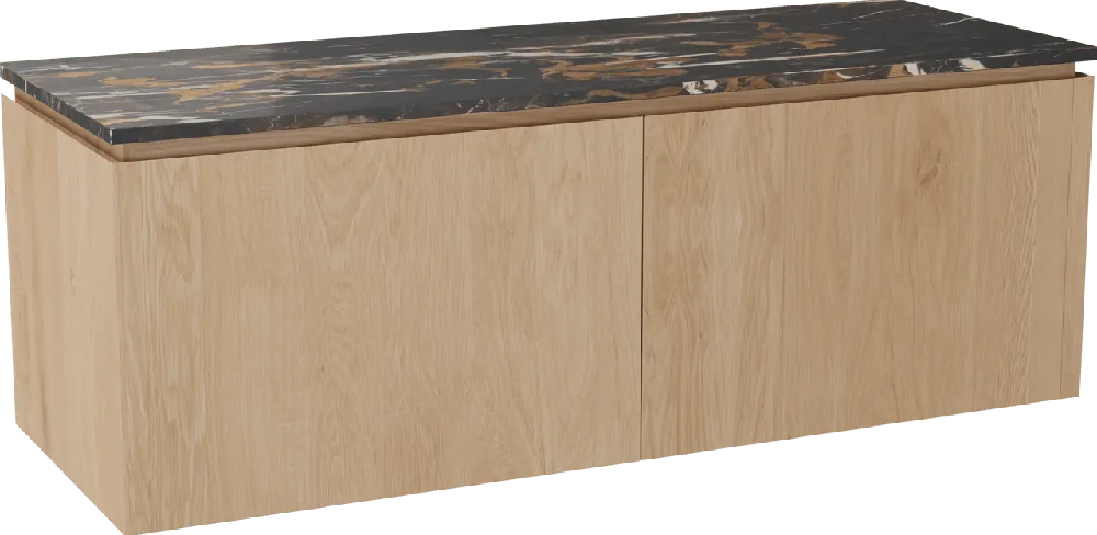 Balmani Eclips meuble salle de bains suspendu 150 x 55 cm Chêne naturelle avec Stretto tablette simple ou double vasque en Portoro Gold marbre