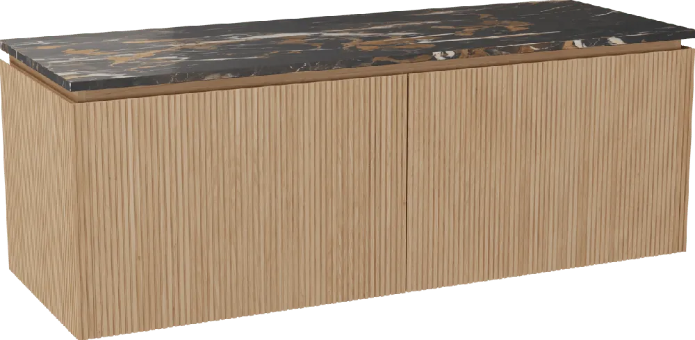 Balmani Eclips meuble salle de bains suspendu 150 x 55 cm Chêne naturelle avec Stretto tablette simple ou double vasque en Portoro Gold marbre, Nervure droite symétrique verticale