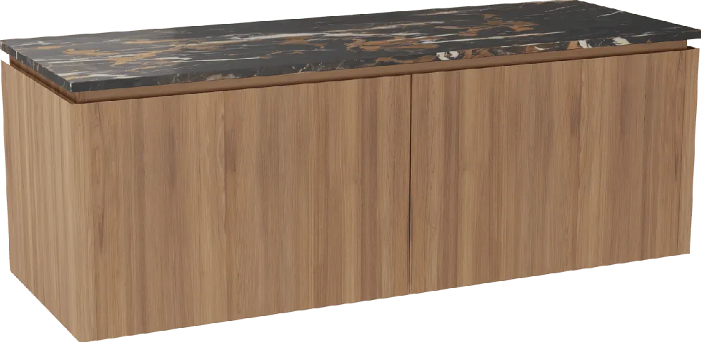 Balmani Eclips meuble salle de bains suspendu 150 x 55 cm Teck avec Stretto tablette simple ou double vasque en Portoro Gold marbre