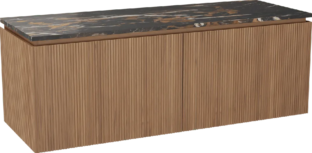 Balmani Eclips meuble salle de bains suspendu 150 x 55 cm Teck avec Stretto tablette simple ou double vasque en Portoro Gold marbre, Nervure droite symétrique verticale