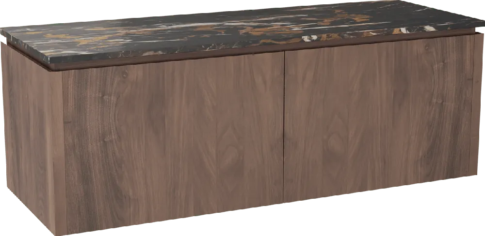 Balmani Eclips meuble salle de bains suspendu 150 x 55 cm Noyer américain avec Stretto tablette simple ou double vasque en Portoro Gold marbre