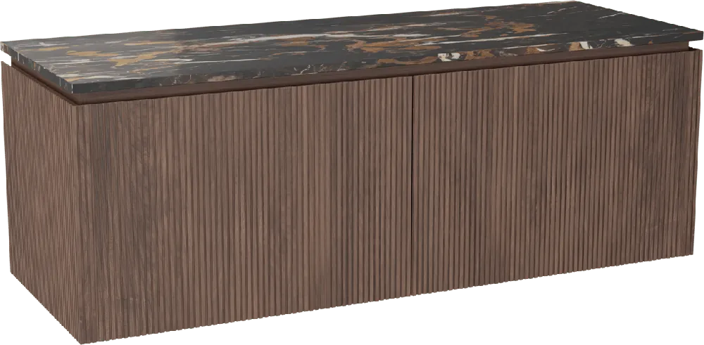 Balmani Eclips meuble salle de bains suspendu 150 x 55 cm Noyer américain avec Stretto tablette simple ou double vasque en Portoro Gold marbre, Nervure droite symétrique verticale