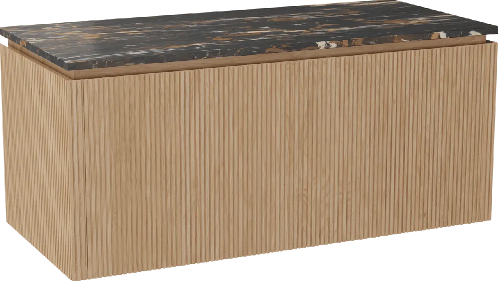 Balmani Eclips meuble salle de bains suspendu 120 x 55 cm Chêne naturelle avec Stretto tablette simple en Portoro Gold marbre, Nervure droite symétrique verticale