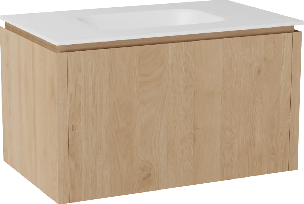 Balmani Eclips meuble salle de bains suspendu 90 x 55 cm Chêne naturelle avec Tablo Arcato plan simple en Solid Surface blanc mat