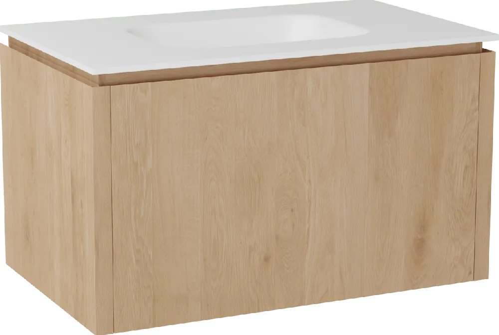Balmani Eclips meuble salle de bains suspendu 90 x 55 cm Chêne naturelle avec Tablo Arcato plan simple en Solid Surface blanc mat