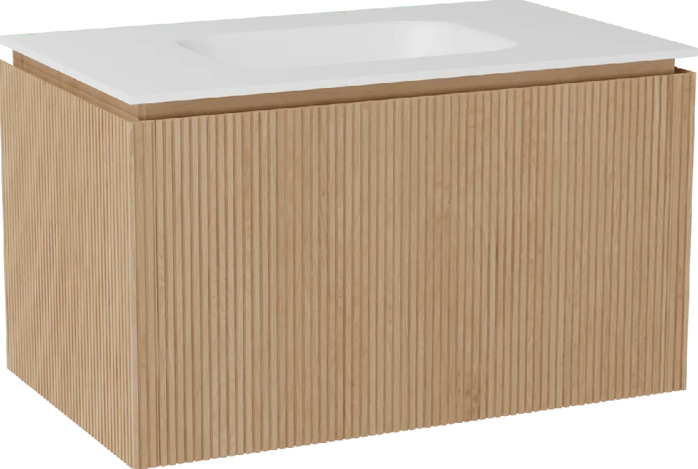 Balmani Eclips meuble salle de bains suspendu 90 x 55 cm Chêne naturelle avec Tablo Arcato plan simple en Solid Surface blanc mat, Nervure droite symétrique verticale