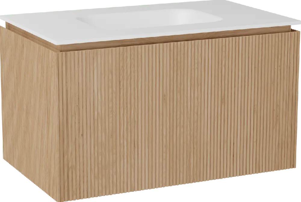 Balmani Eclips meuble salle de bains suspendu 90 x 55 cm Chêne naturelle avec Tablo Arcato plan simple en Solid Surface blanc mat, Nervure droite symétrique verticale