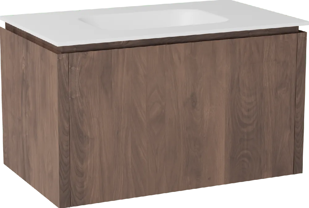 Balmani Eclips meuble salle de bains suspendu 90 x 55 cm Noyer américain avec Tablo Arcato plan simple en Solid Surface blanc mat