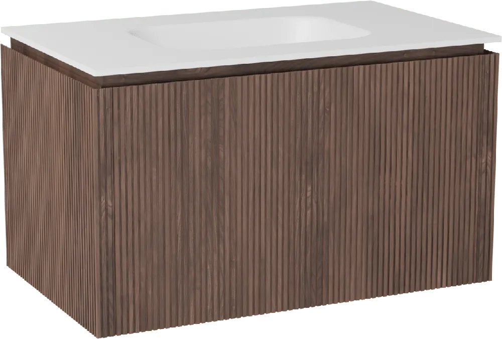 Balmani Eclips meuble salle de bains suspendu 90 x 55 cm Noyer américain avec Tablo Arcato plan simple en Solid Surface blanc mat, Nervure droite symétrique verticale